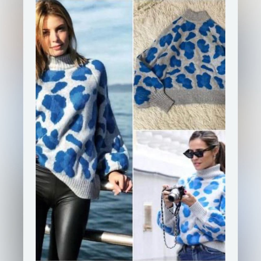 Chunky Oversized Blue Animal Print Sweater